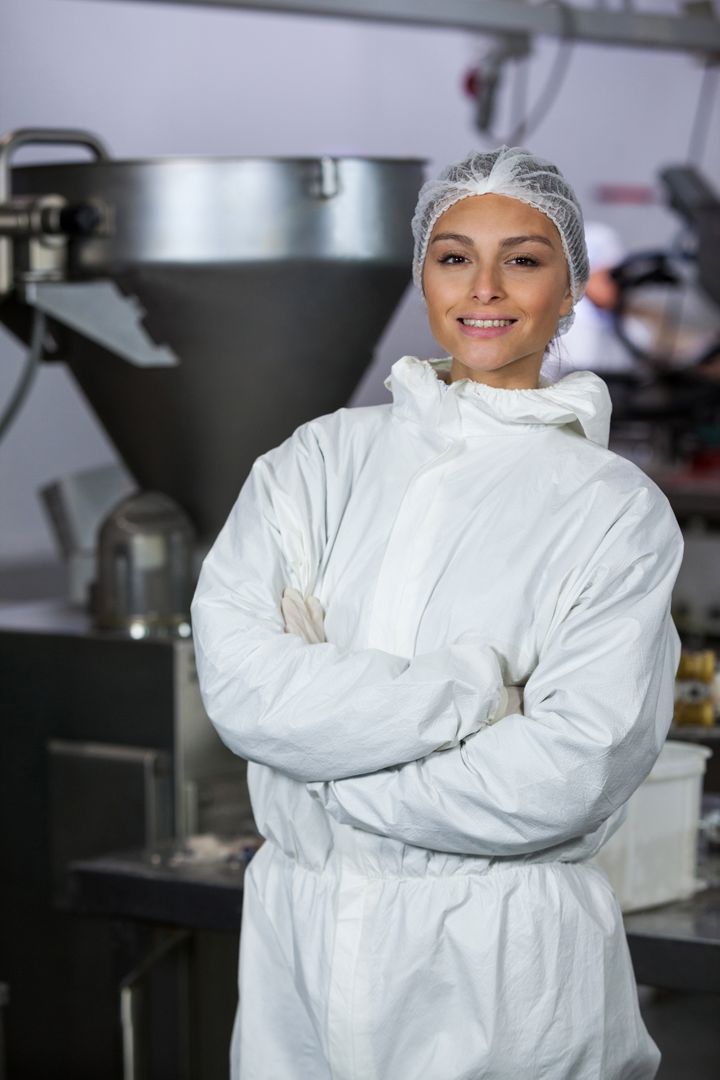 Female Butcher in Protective Gear at Meat Factory - Free Images, Stock Photos and Pictures on Pikwizard.com