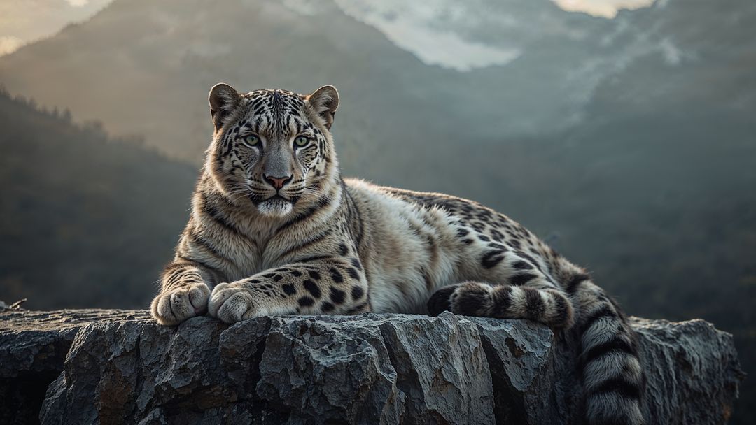 Majestic Snow Leopard Resting on Mountain Ledge