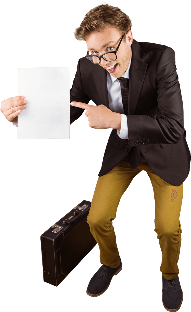 Transparent Professional Displaying Promotional Paper Smiling