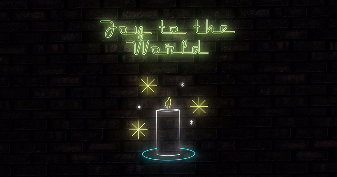 Neon Candle with Joyful Christmas Message on Black Brick Background
