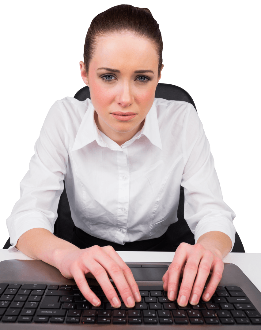 Focused Businesswoman Typing on Keyboard with Transparent Background