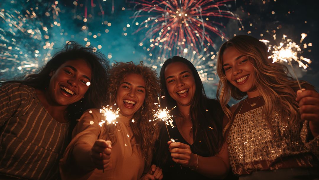 Joyful Friends Holding Sparklers Under Starry Firework Display
