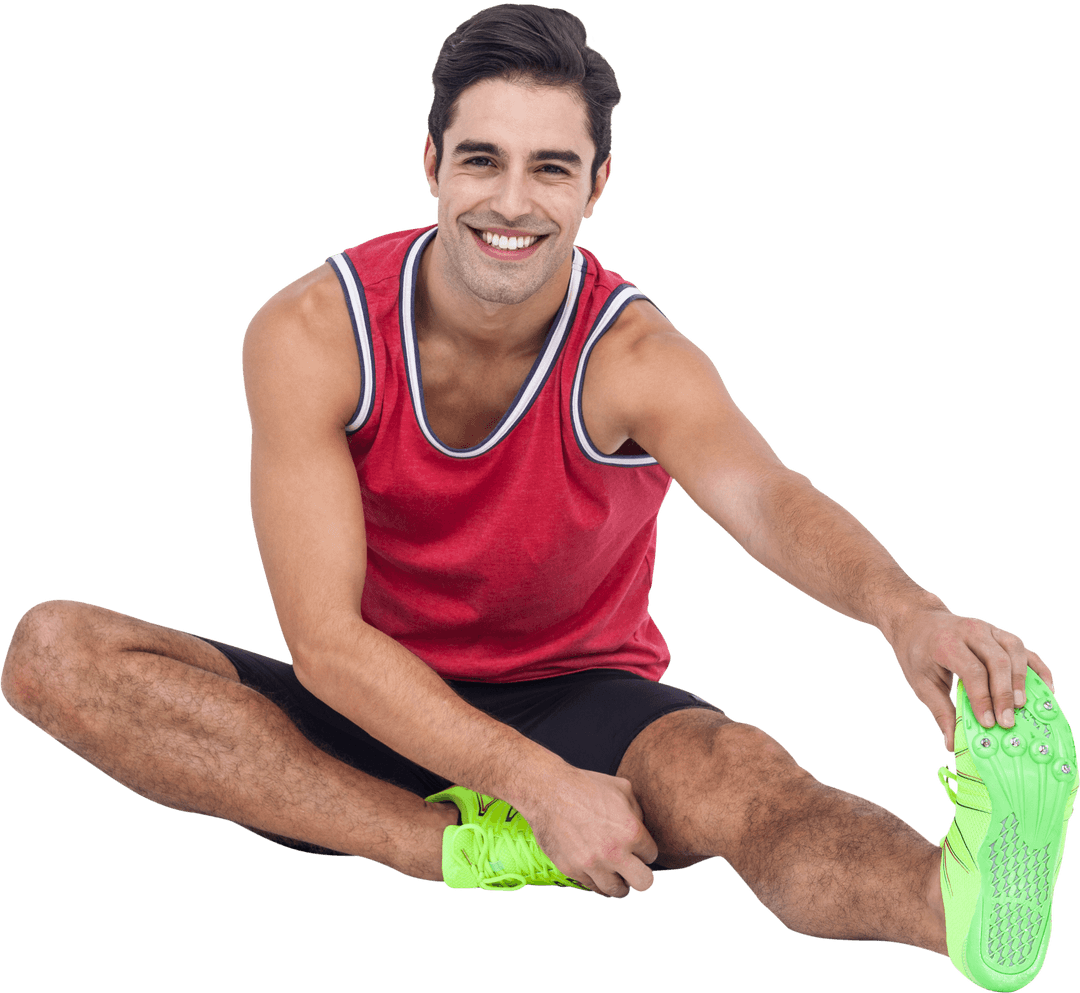 Smiling Male Athlete Stretching Hamstring in Transparent Background