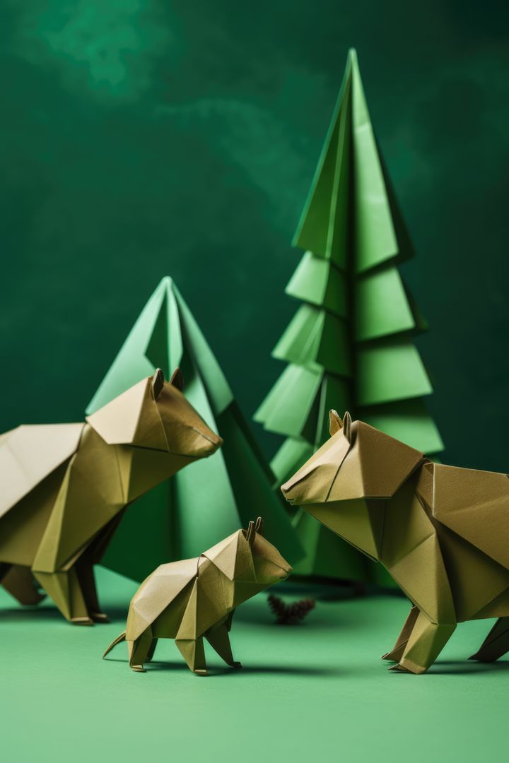 Close up of brown origami figures of bears, created using generative ai technology - Free Images, Stock Photos and Pictures on Pikwizard.com