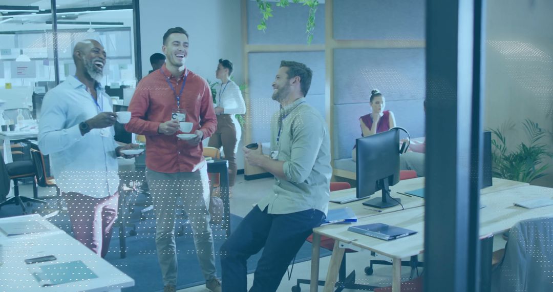 Laughing Coworkers Enjoying Coffee Break in Modern Office