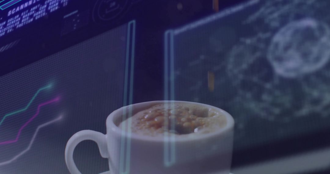 Coffee cup fueling late-night data analysis with neon dashboard reflections on monitor