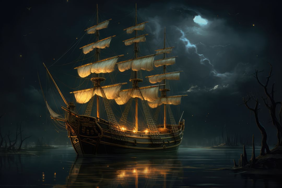 Mystical Ship Sailing Under Moonlit Sky in Dark Waters - Free Images, Stock Photos and Pictures on Pikwizard.com