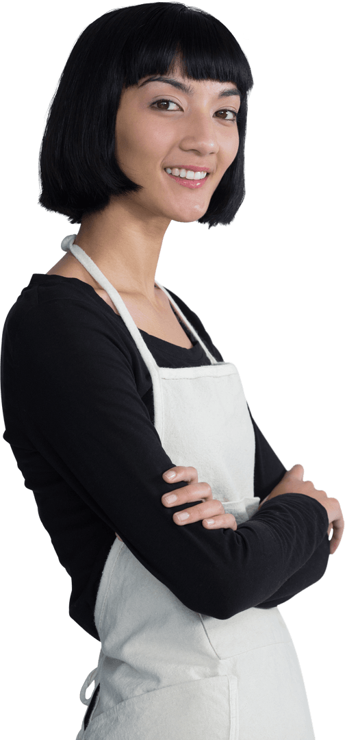 Transparent Female Waitress Smiling with Arms Crossed