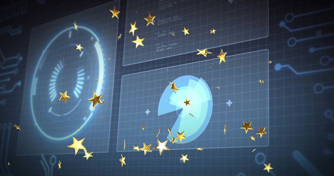 Gold Stars in Futuristic Digital Interface with Gauges and Grids