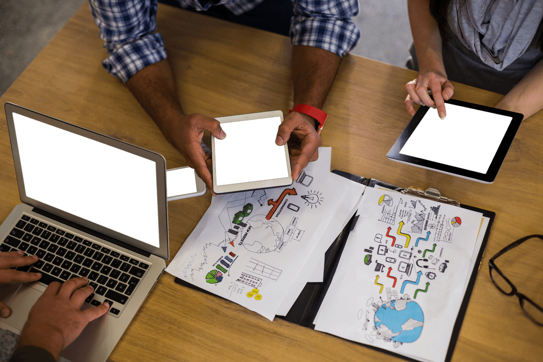 Team Collaborating Over Creative Business Plans with Transparent Screens