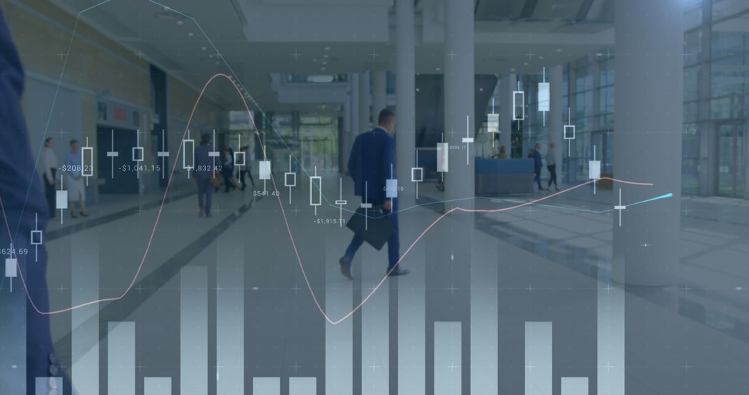 Businessman in Modern Office with Overlay of Financial Data and Graphs