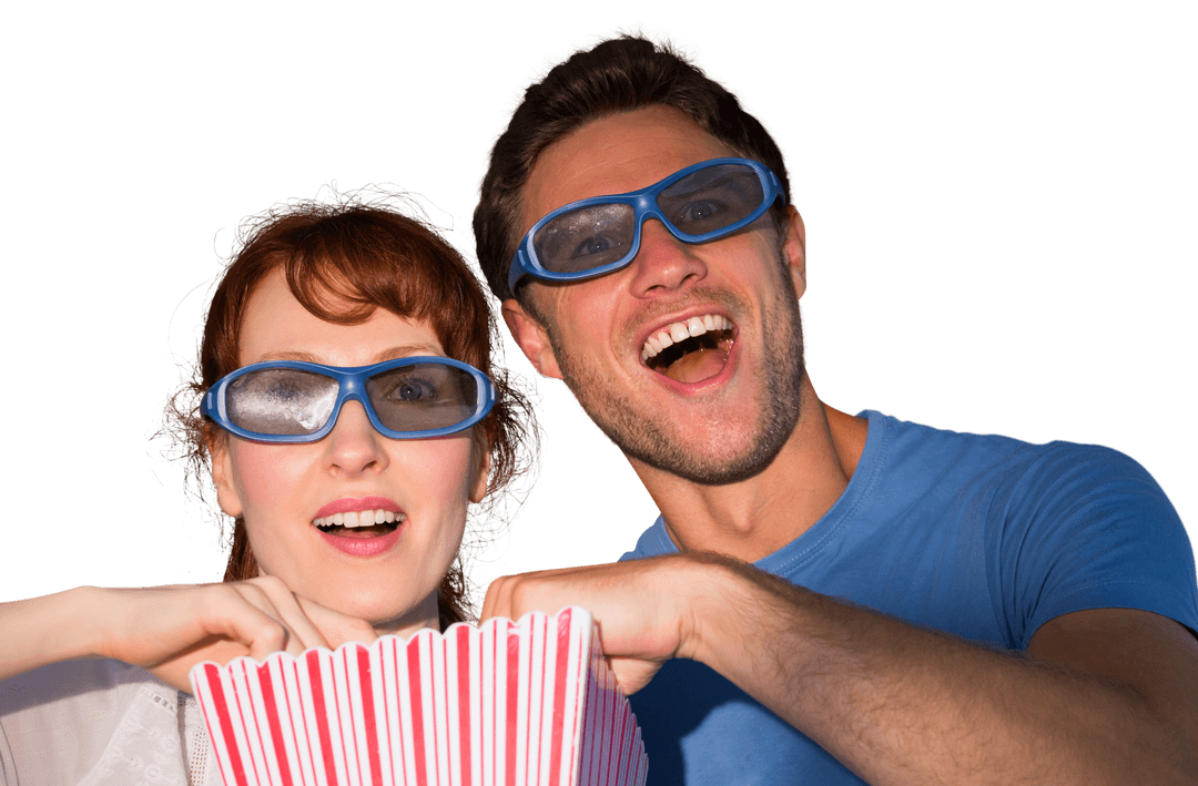Caucasian Couple Enjoying 3D Movie with Popcorn on Transparent Background