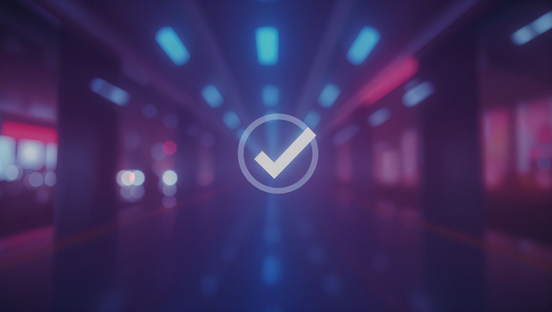 Glowing Check Mark in Futuristic Neon Corridor