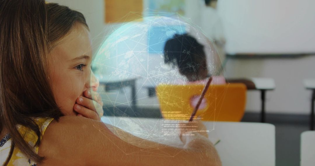 Young girl thinking in classroom with digital globe overlay representing global learning
