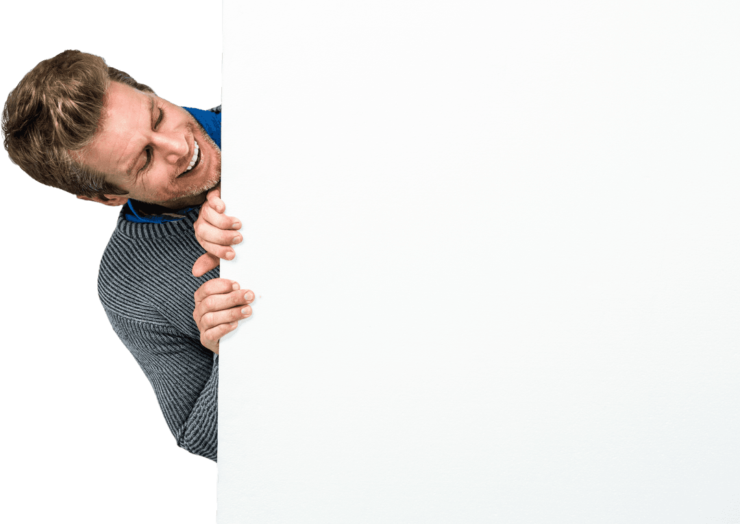 Transparent Background Smiling Man Behind Blank Board