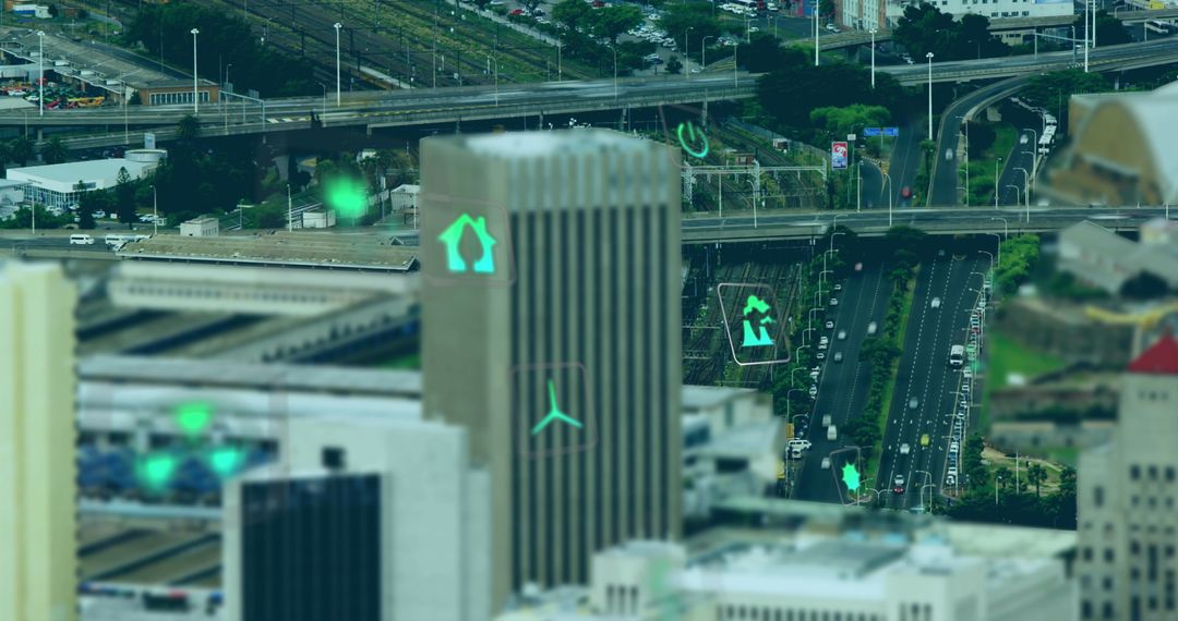 Digital Interface Icons Over Modern Cityscape with Highways