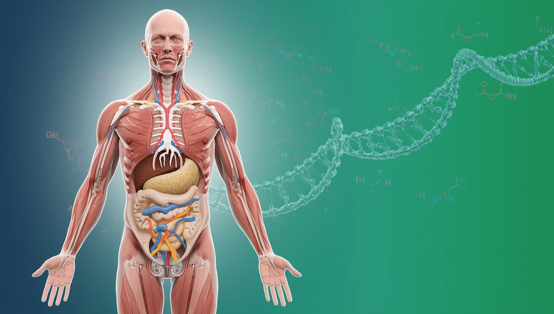 Front-View Male Anatomy with DNA Helix for Medical Education