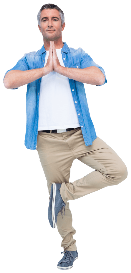 Graceful Mature Man Practicing Yoga in Tree Pose Transparent Image