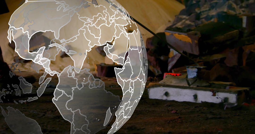 Wireframe Globe and Foundry with Glowing Molten Metal Molds