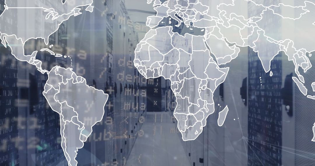 Global Network Technology Concept with Server Racks and Digital Map
