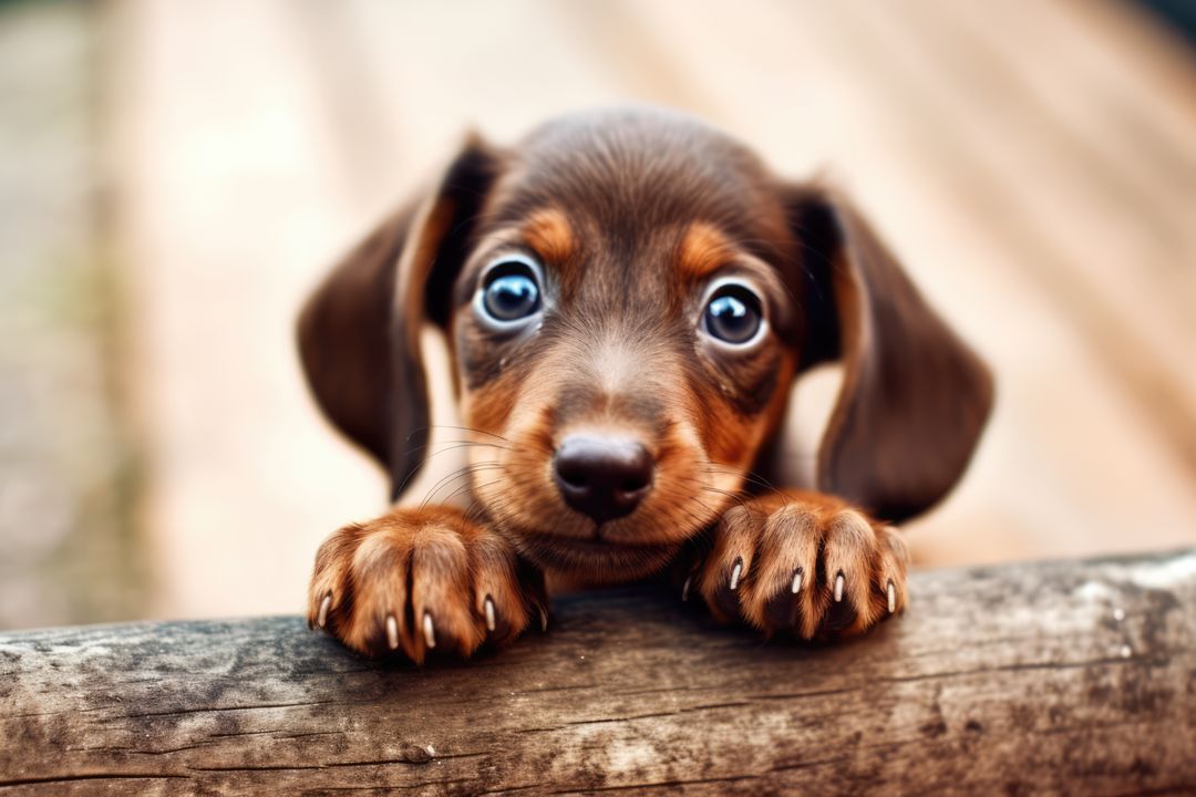 Adorable Dachshund Puppy Looking Over Wooden Fence - Free Images, Stock Photos and Pictures on Pikwizard.com