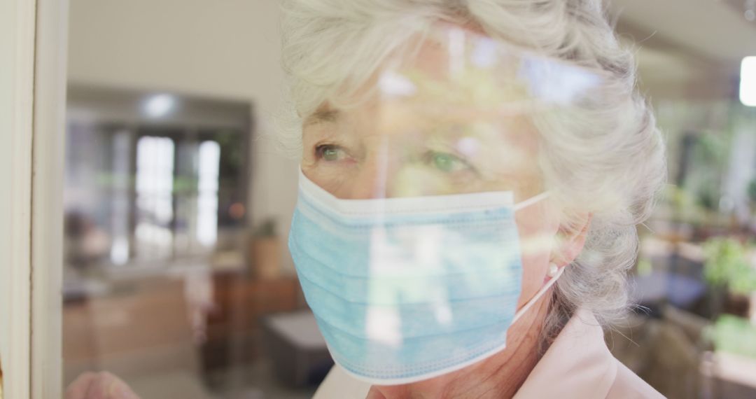 Senior Woman Wearing a Face Mask Looking Out the Window - Free Images, Stock Photos and Pictures on Pikwizard.com