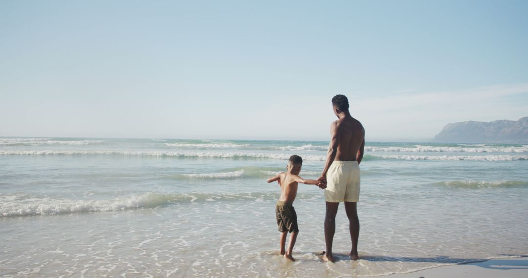 African american father and son holding hands enjoying at the beach - Free Images, Stock Photos and Pictures on Pikwizard.com