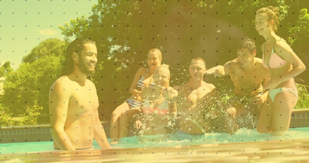 Sunlit backyard pool party with laughing friends splashing water in swimwear