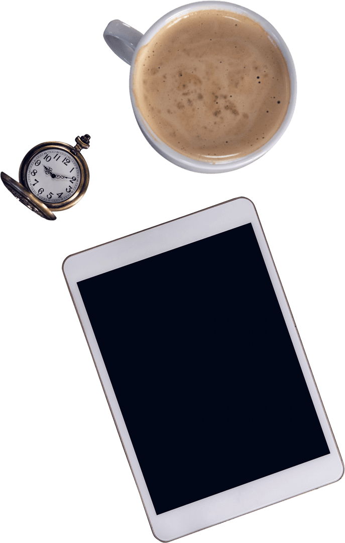 Top View of Tablet with Coffee Cup and Stopwatch on Transparent Background