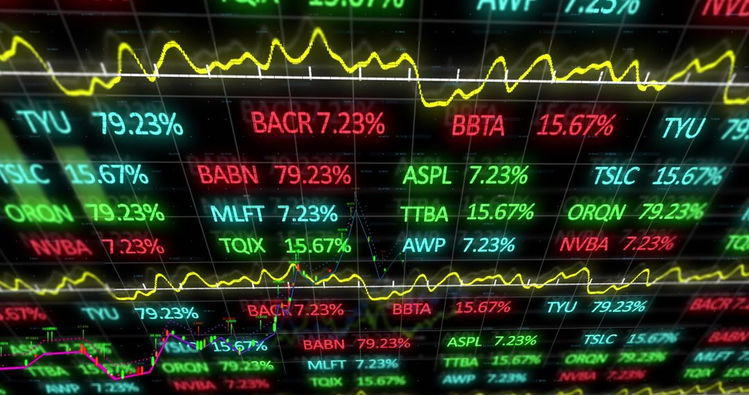 Digital Financial Data Display with Graphs and Market Trends