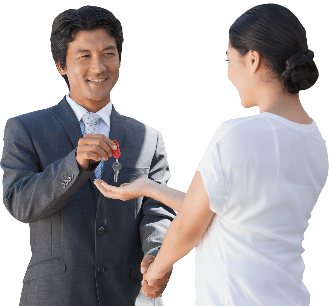 Transparent Background Realtor Handing Key to Happy New Homeowner