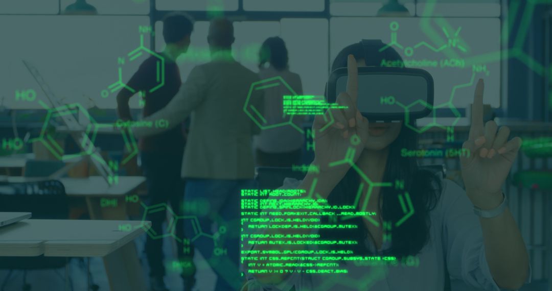 Woman Using VR Headset in Science and Technology Environment