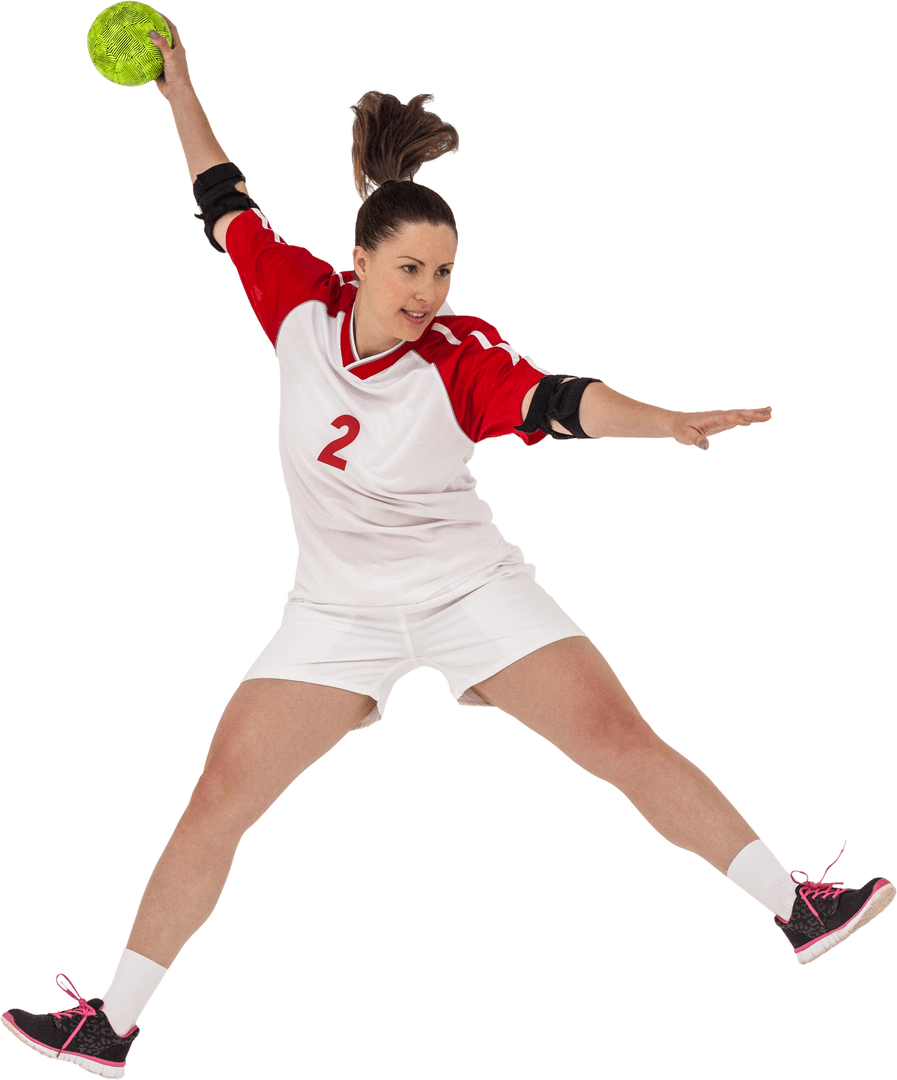 Female Handball Player Throwing In Dynamic Form, Transparent Background