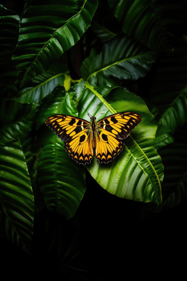 Bright Yellow Butterfly Resting on Green Leaf in Dark Jungle - Free Images, Stock Photos and Pictures on Pikwizard.com