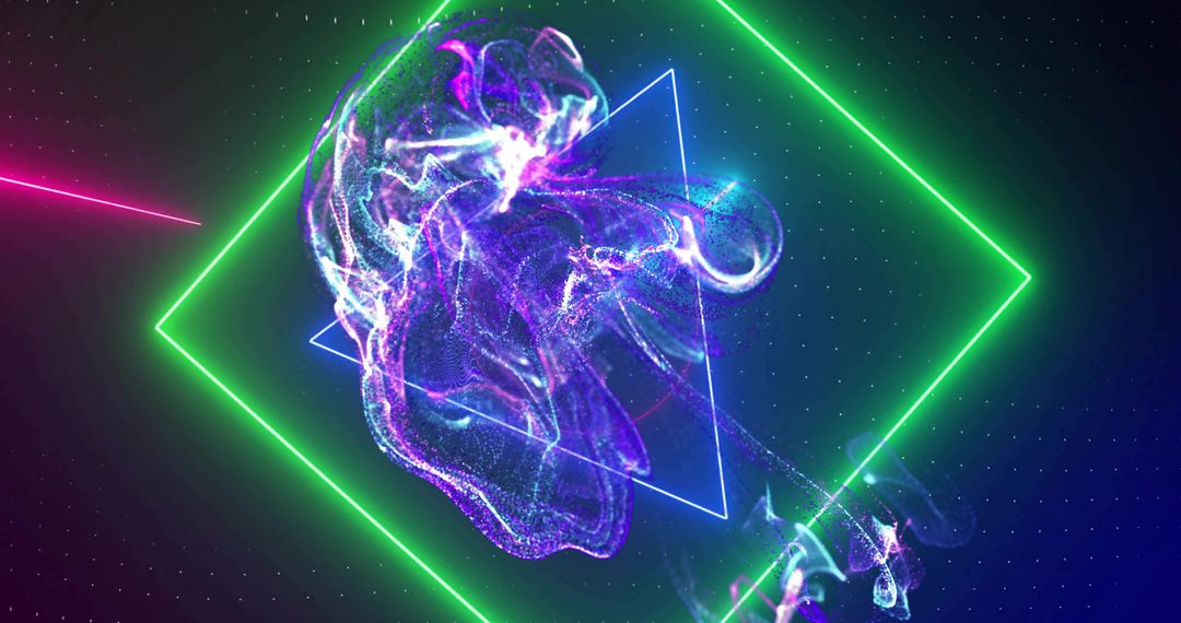Futuristic Digital Swirling Purple Cloud in Geometric Neon Frames