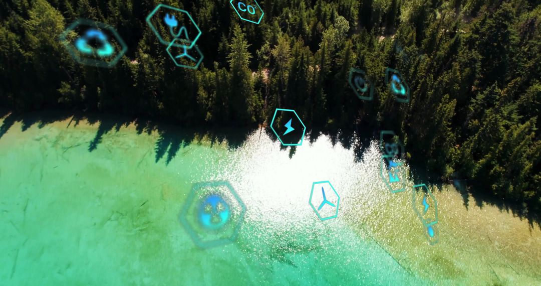 Floating Digital Icons Over Lake Representing Sustainable Energy