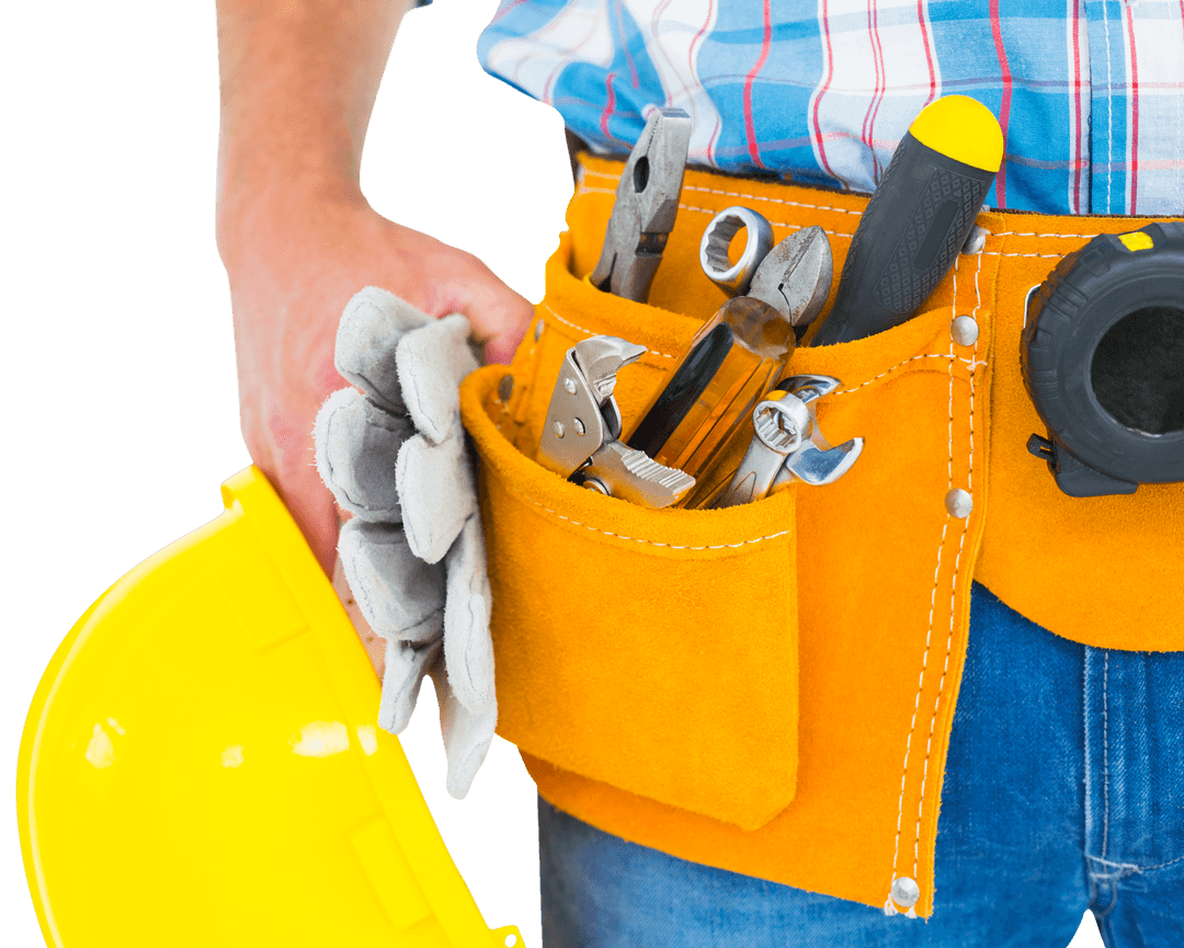 Manual Worker Holding Yellow Helmet and Wearing Tool Belt