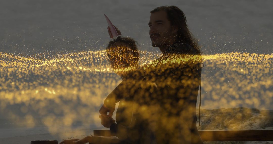 Man and Toddler Gazing at Serene Ocean with Golden Bokeh Dreams