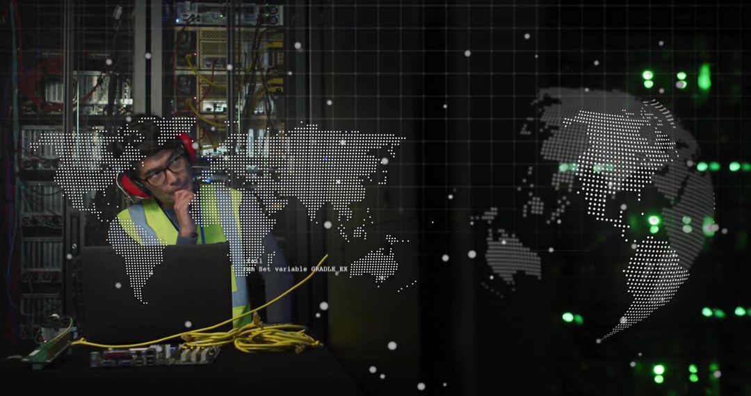 IT Technician Working in Dark Data Center with Futuristic Map Overlay