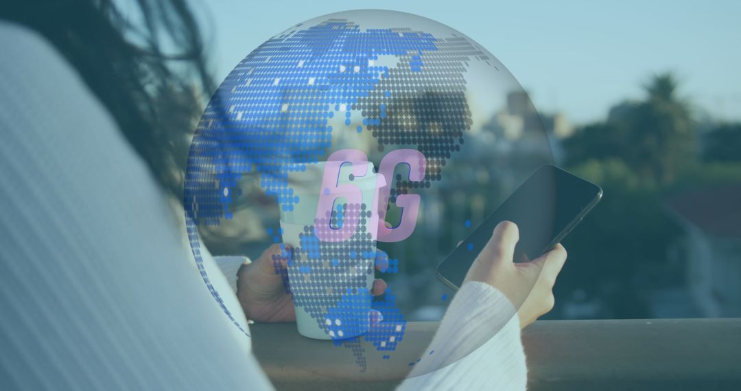 Woman Connecting with 6G Technology at City Balcony