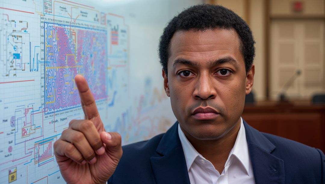 Business leader pointing at whiteboard with flowcharts and analytics presenting strategy