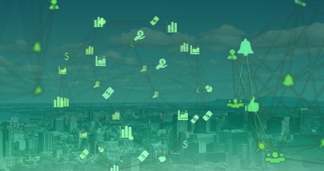 Digital Network Connections Over Cityscape with Business Icons