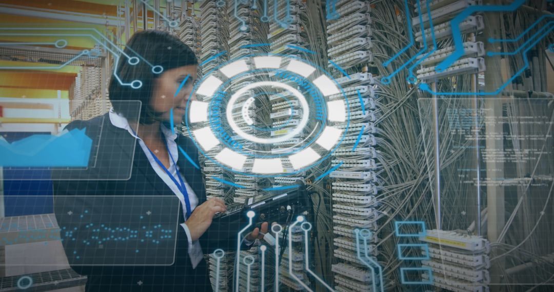 Woman Inspecting Network Cables with Data Technology Overlay