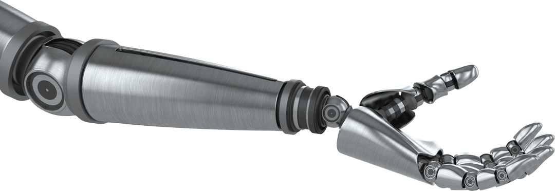 Futuristic Silver Robotic Arm with Open Hand Transparent Background
