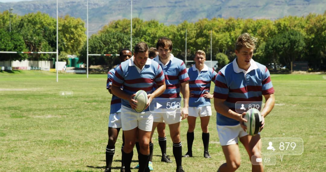 Rugby Players Moving into Formation During Team Training on Sunny Grass Pitch