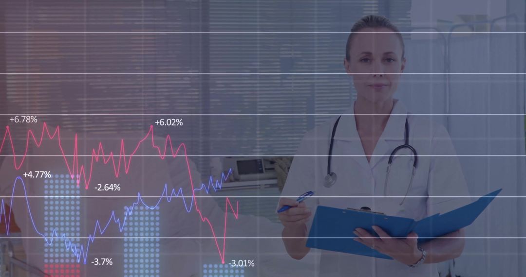 Doctor Analyzing Medical Data with Financial Graphs Overlay