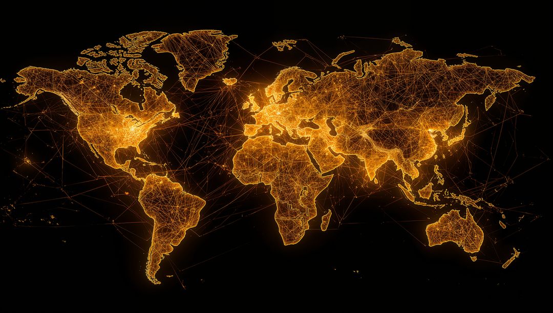 Glowing Network World Map Connecting Continents with Mesh Lines, Nodes and Data Paths