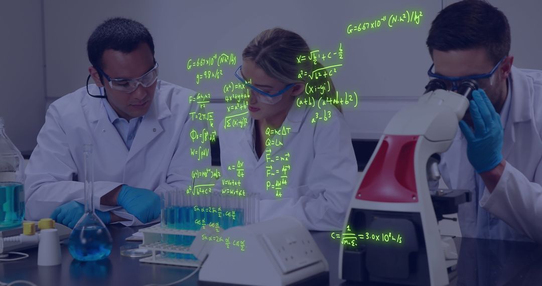 Scientists Analyzing Samples in Laboratory with Data Overlay