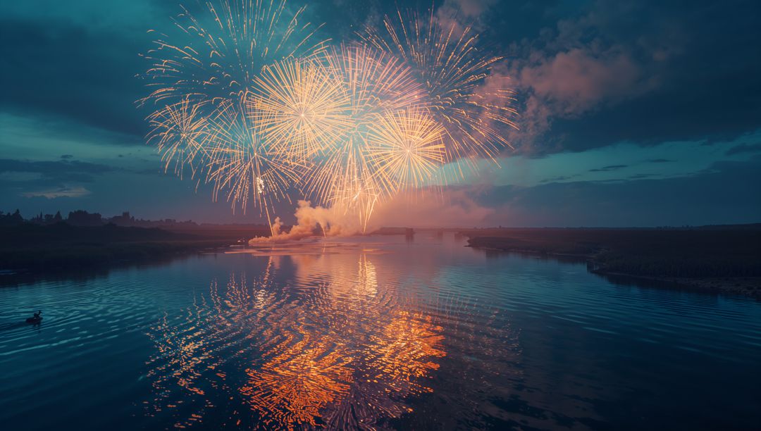Vibrant Fireworks Display Reflecting on Tranquil Twilight River