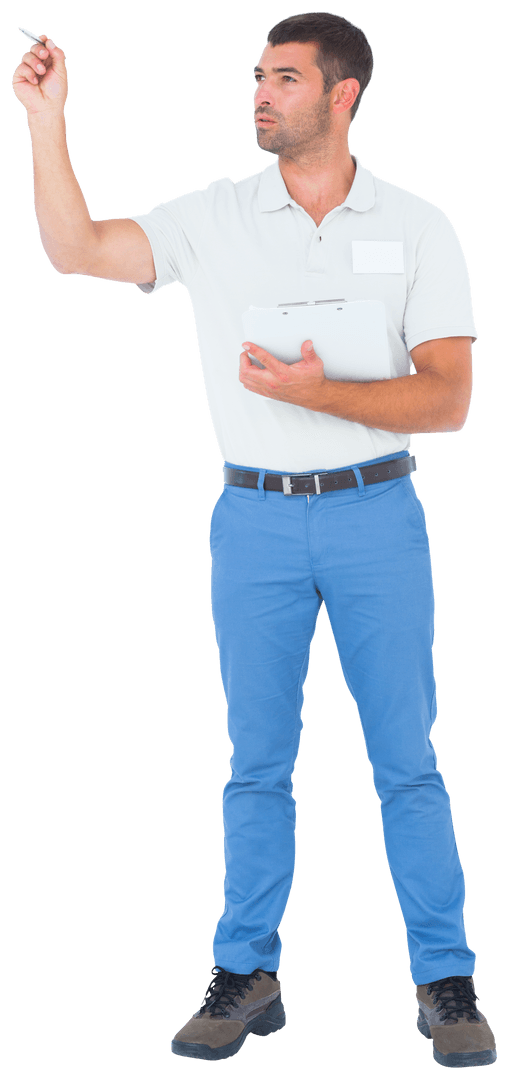 Transparent Background Man Holding Clipboard Writing Pose